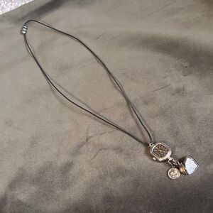 Black Leather Cord Necklace with Silver Tone Multi-Charm Pendant